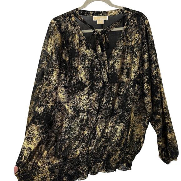 Michael Kors 3X Black Metallic Top Tie V Neck Dolman Sleeve Chiffon Smocked Hem - Picture 2 of 13